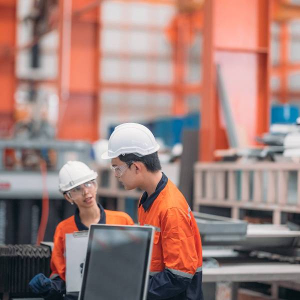 Two engineers in a metal sheet factory discuss over a laser cutting machine, examining technical drawings and ensuring alignment with production specifications.